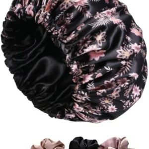 Wesofy Satin Hair Bonnet cap 3 Scrunchies sleeping bonnet hair bonnet [Black Flower]